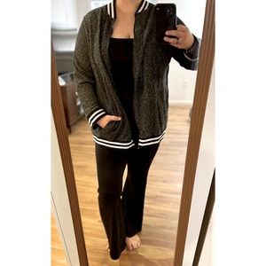 1X Gray Bomber Style Zip Up Sweater Jacket with Black and White Striped Trim